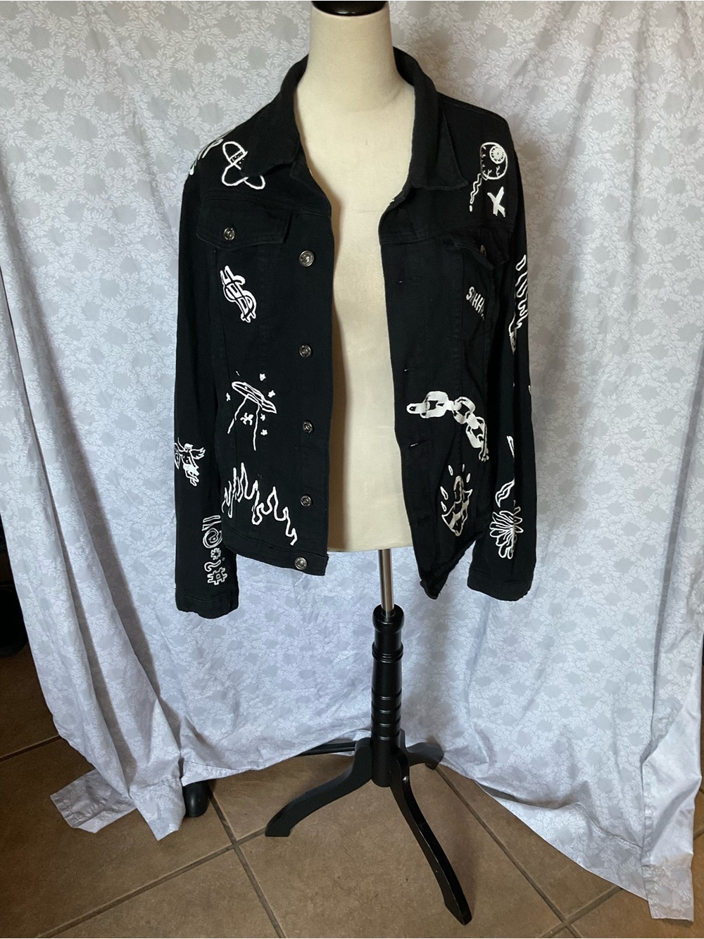 Brooklyn Cloth Black Denim Jacket with White Graphic Prints
